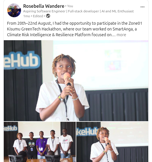 LinkedIn post about the Zone01 Kisumu GreenTech Hackathon and SmartAnga