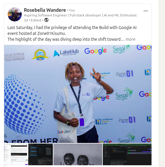 LinkedIn post about the Build with Google AI event at Zone01 Kisumu